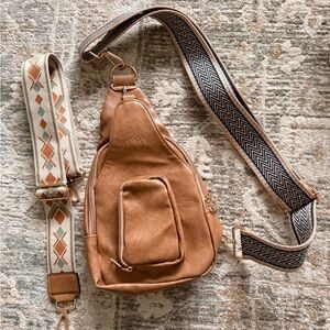 Tan Crossbody Bag with Patterned Strap